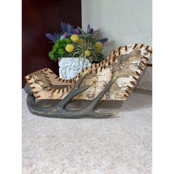 Rustic Handmade Antler & Birch Wood Decorative Sleigh Centerpiece 12.5"x6"x4.25" - Picture 5 of 7